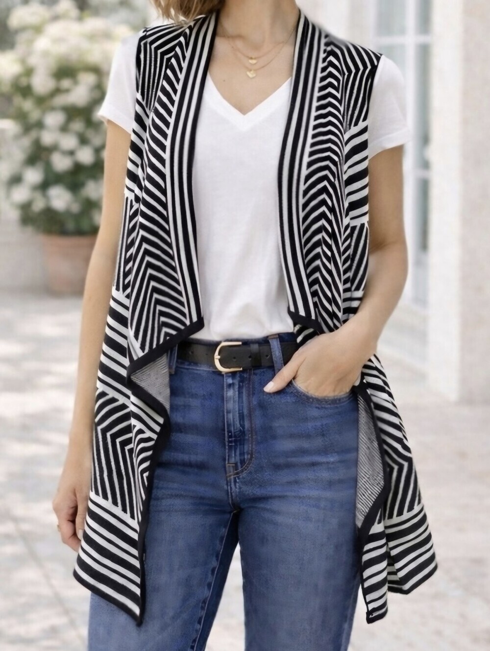 Spense Knits XL Black White Geometric Waterfall Cardigan | Open Drape Sweater
